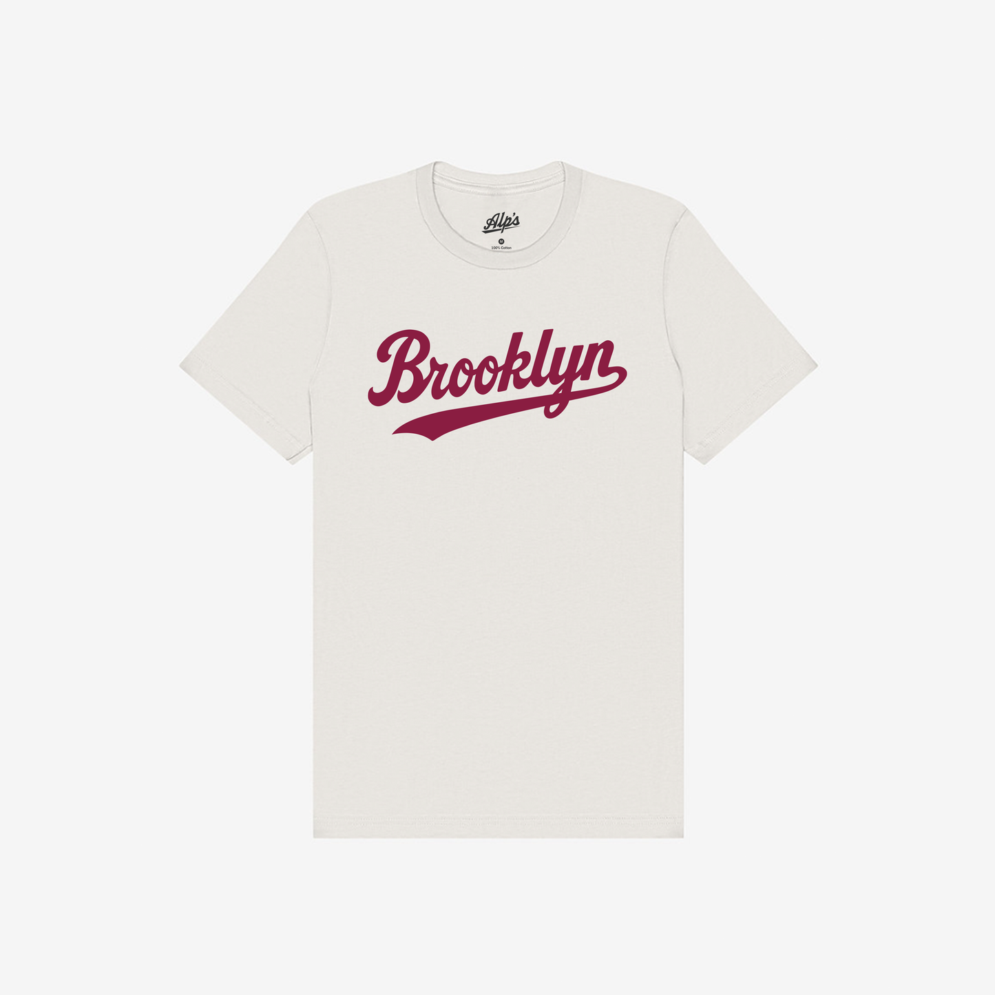 White t-shirt with 'Brooklyn' printed in red on a white background